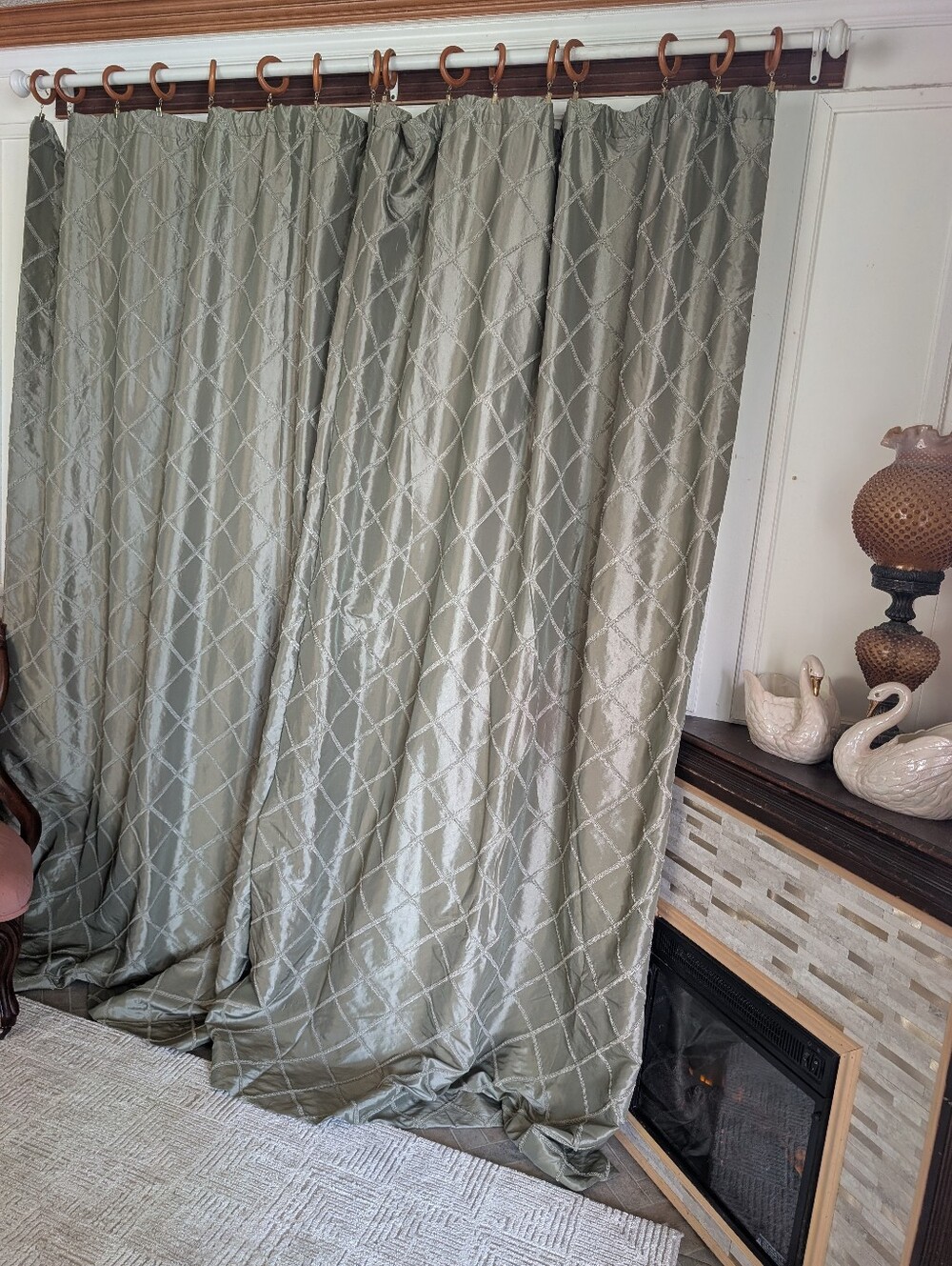Custom Curtain Panels (2) Green Satin 100W x 87L Cotton Lined Tie Backs Tassel - Picture 6 of 14